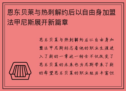 恩东贝莱与热刺解约后以自由身加盟法甲尼斯展开新篇章