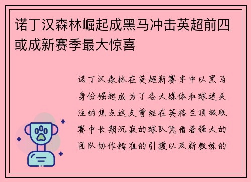 诺丁汉森林崛起成黑马冲击英超前四或成新赛季最大惊喜